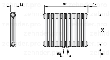 Схема (чертеж) Радиатор Zehnder Charleston 2050/10 №5410 Белый глянцевый RAL 9016